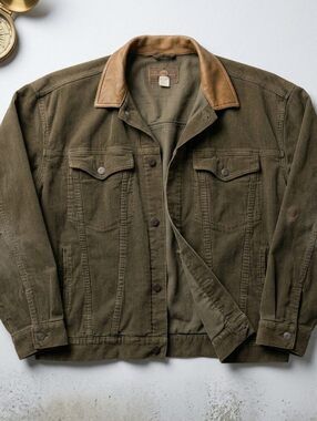 Vintage GAP Classic Corduroy Trucker Jacket XL Olive Green Distressed Leather